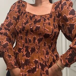 Nine West Brown and Orange Smocked Ruffled Blouse